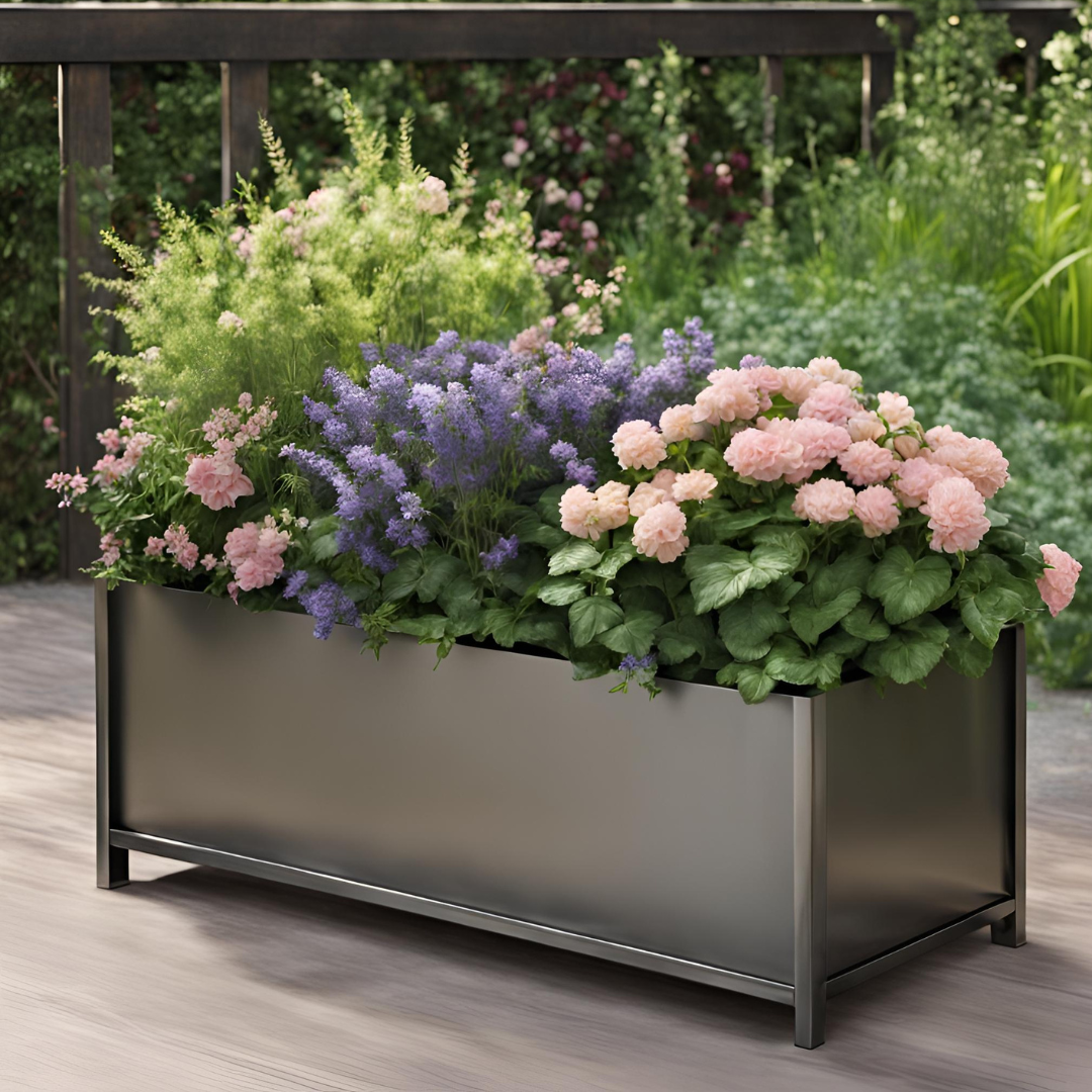 Bac à fleurs en acier Bac a fleurs en acier sur une terrasse pour décorer