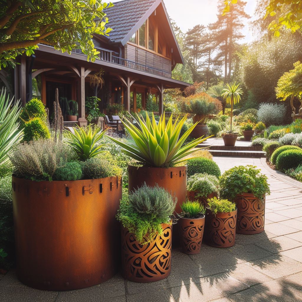 Des bac en corten avec des plantes dedans dans le jardin d'une maison.