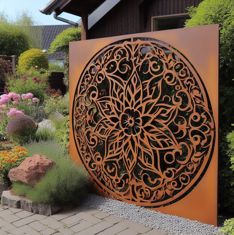 panneaux décoratif en corten dans le jardin d'une maison